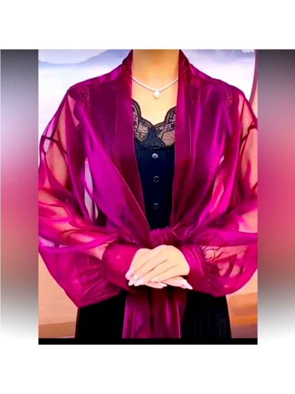 Sheer Satin Wrap Shrug in Magenta